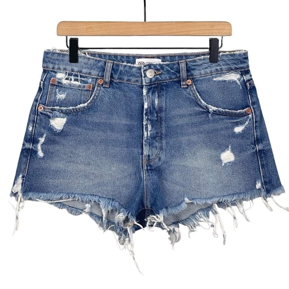 Zara Shorts Womens 8 x 2.5" High Rise Button Fly Raw Hem Denim Cutoff Festival